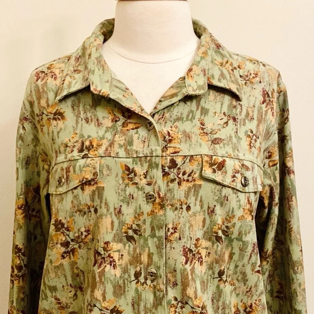 Christopher & Banks Stretch Green Brown Leaf L Cottagecore Grandma Chic Jacket